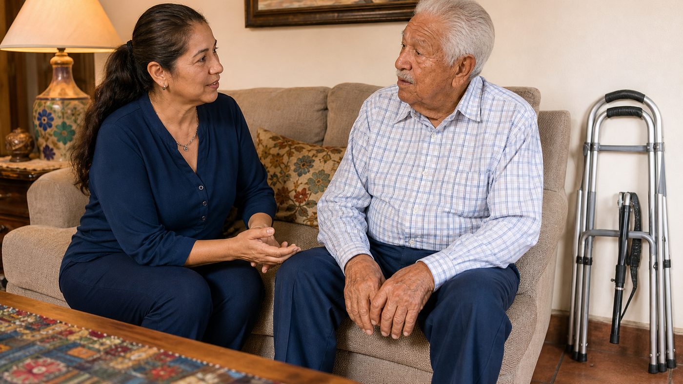 Familia mexicana hablando con calma sobre movilidad y apoyo para un adulto mayor