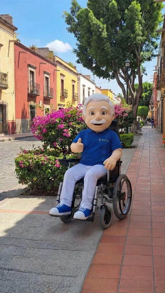 Don Andy en silla de ruedas manual en una calle colonial