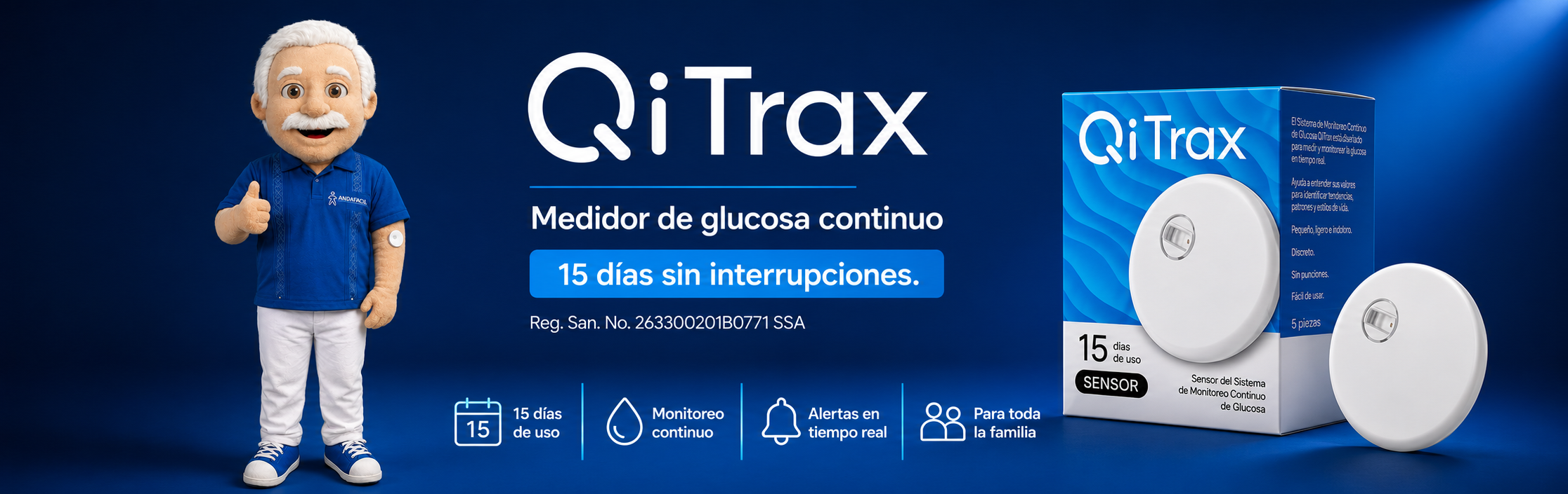 Don Andy con monitor continuo de glucosa QiTrax — vista horizontal